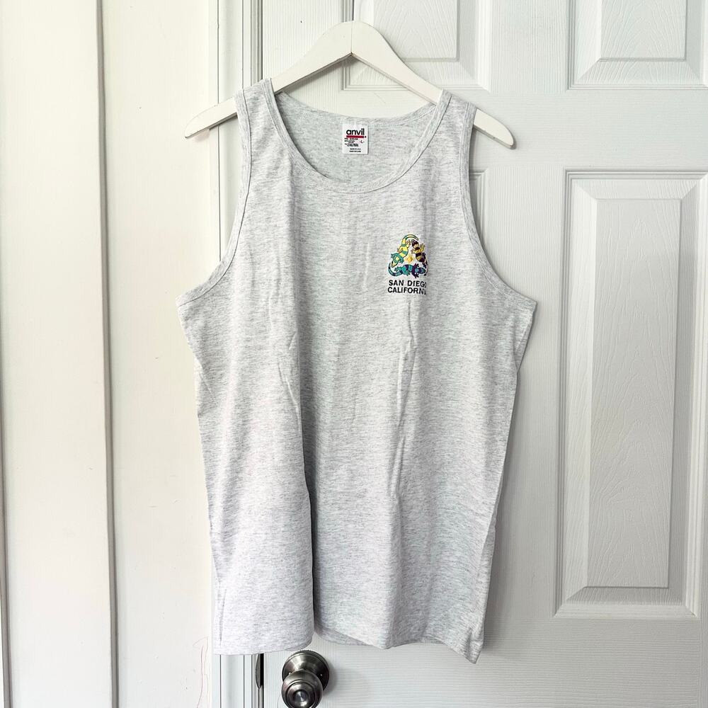 Anvil Vintage Grey San Diego California Tri Gecko Embroidered Logo Tank L USA